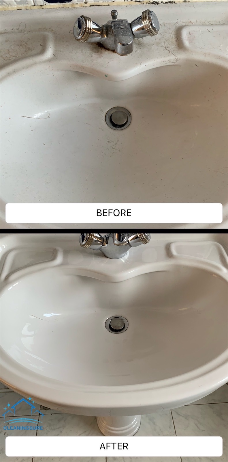 sink shown before and after in result of an end of tenancy cleaning in london