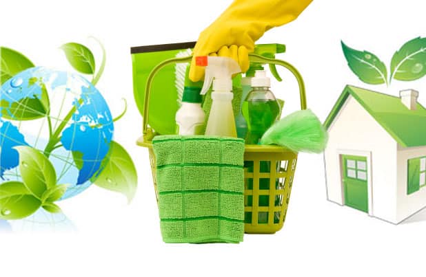 a green basket with eco cleaning natural products