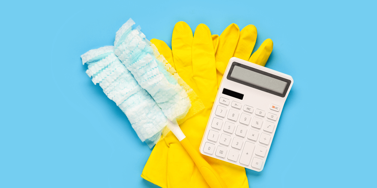 gloves, toilet brush and calculator for an end of tenancy clean