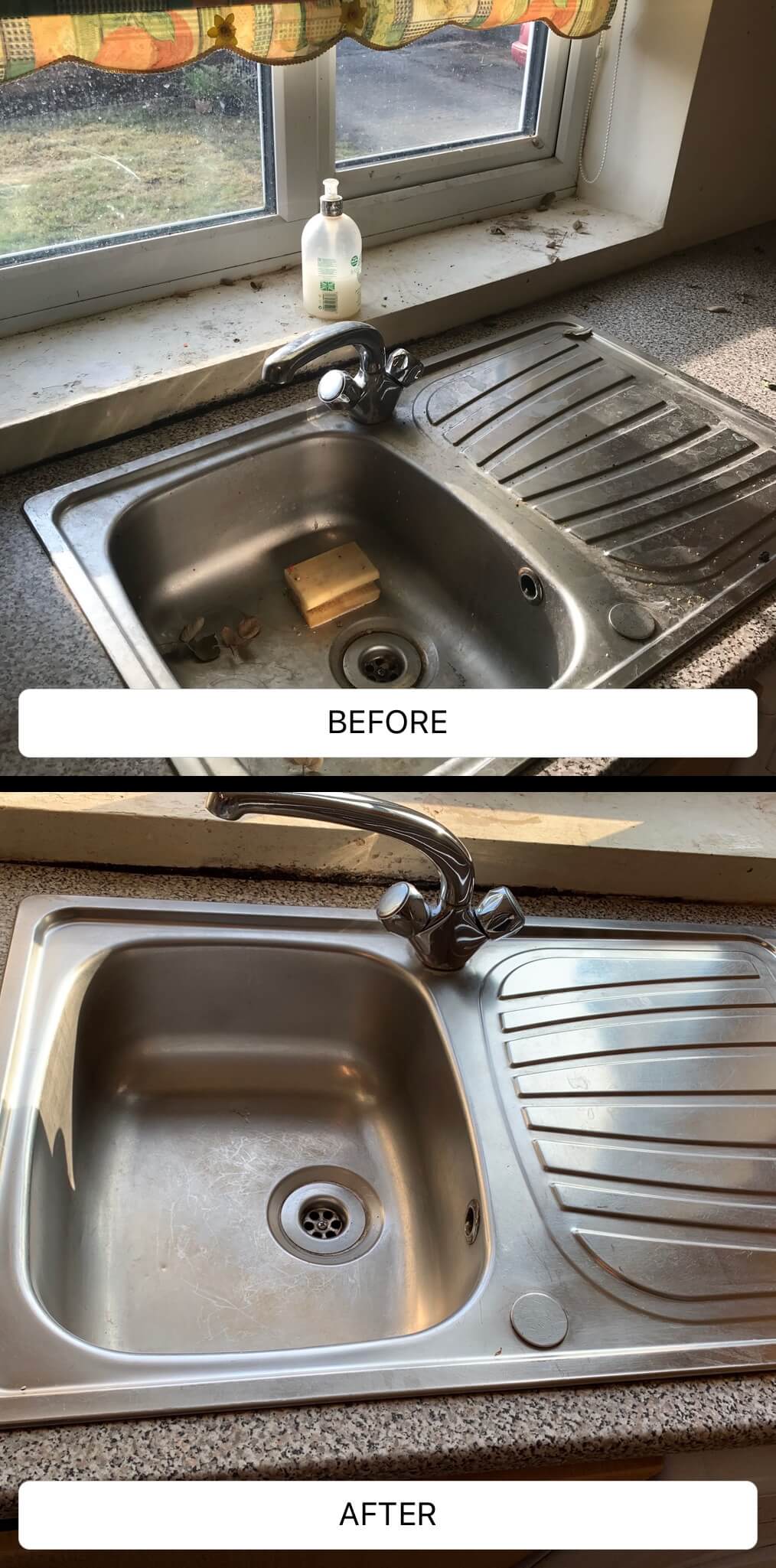 End of tenancy kitchen sink cleaning service in London – stainless steel sink restored to spotless condition