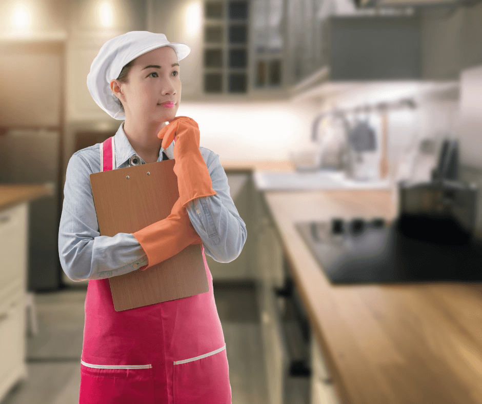 Professional end of tenancy cleaning specialist in London holding checklist in modern kitchen, planning move-out cleaning service and cost estimation